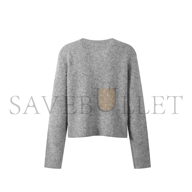 CELINE SOLID ROSE ACCENT O-NECK LONG SLEEVE KNIT CARDIGAN 